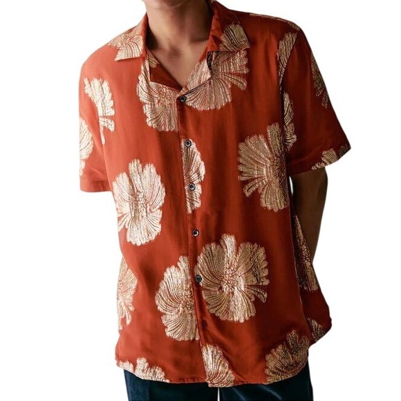 Perte d'Ego Other - Perte d'Ego Sunflower Shirt Rust Metallic Gold Floral Mother of Pearl Button Up